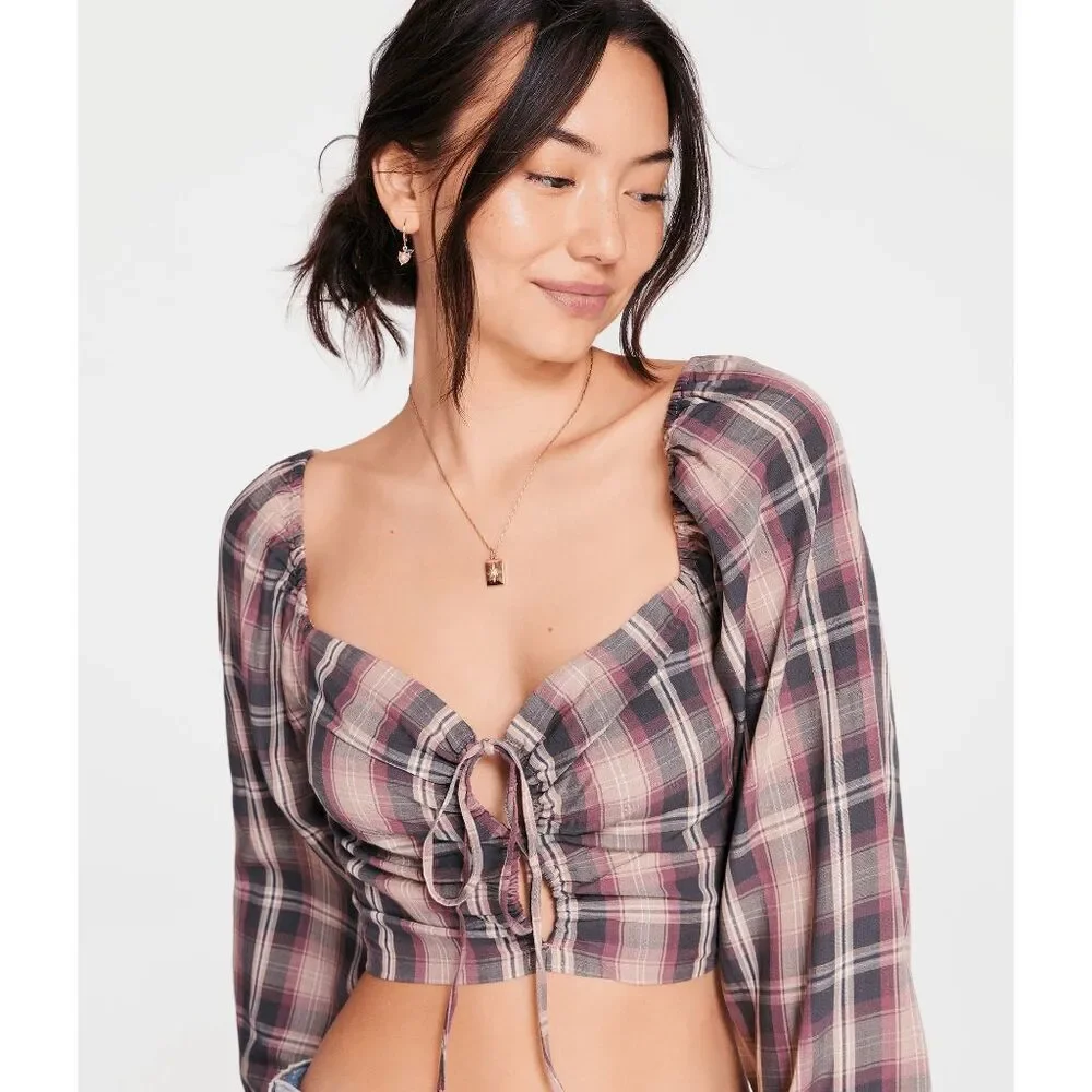 Aeropostale Maroon Tan Long Sleeve Plaid Double-Keyhole Crop Top L NWT